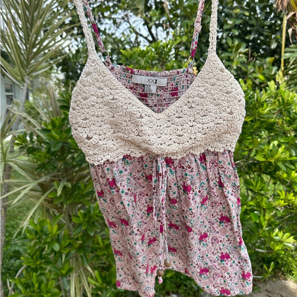 Crochet tank, pink floral print